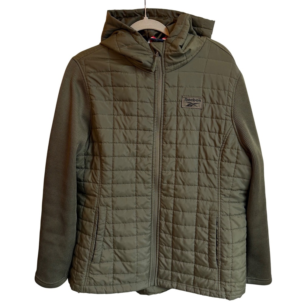 Reebok Hooded Jacket Mixed Media Womens XL Green Puffer Stretchy Gorpcore Fleece